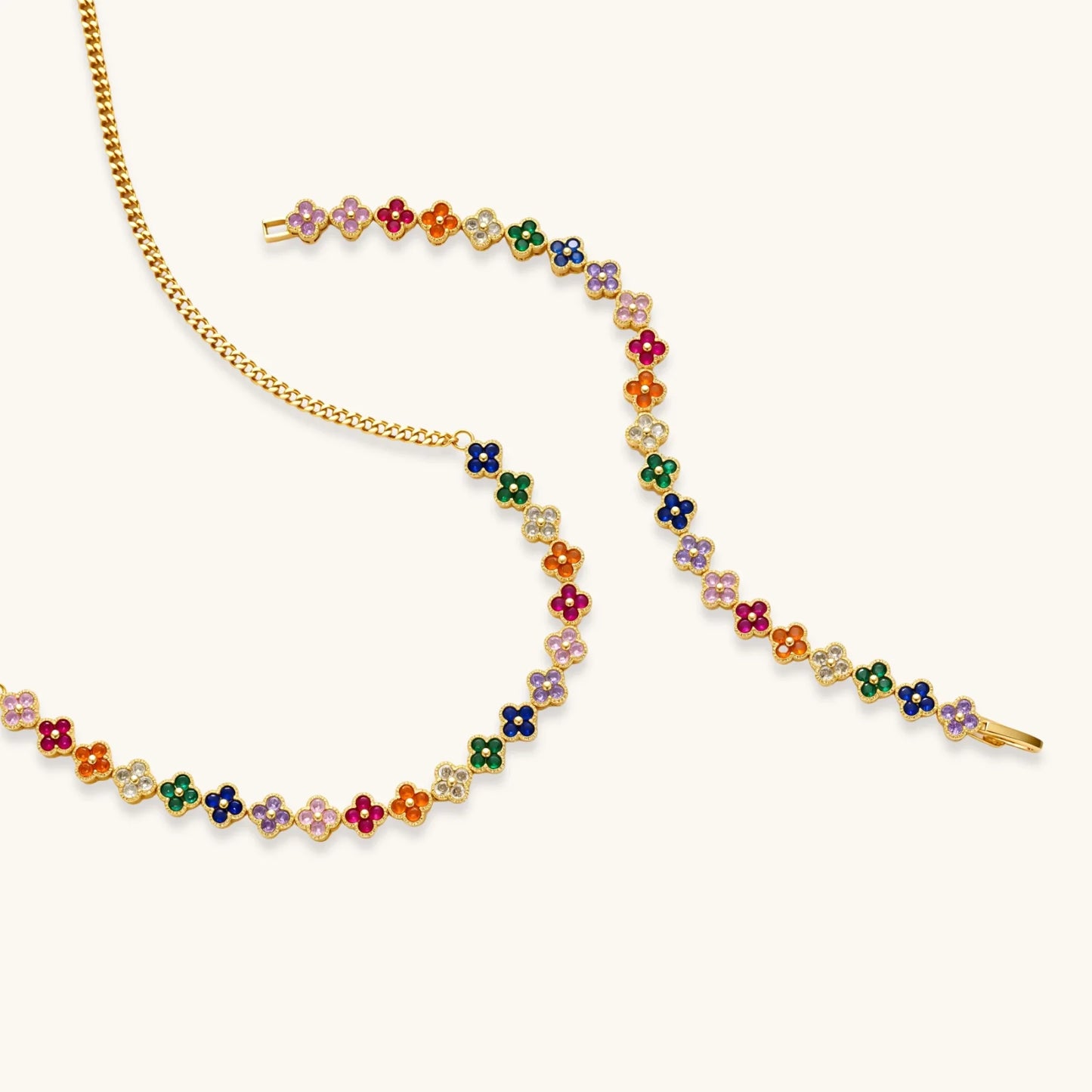 Lucky Kløver smykkesett i regnbuens farger med 14 K gullforgylt eco-brass med Cubic Zirkonia